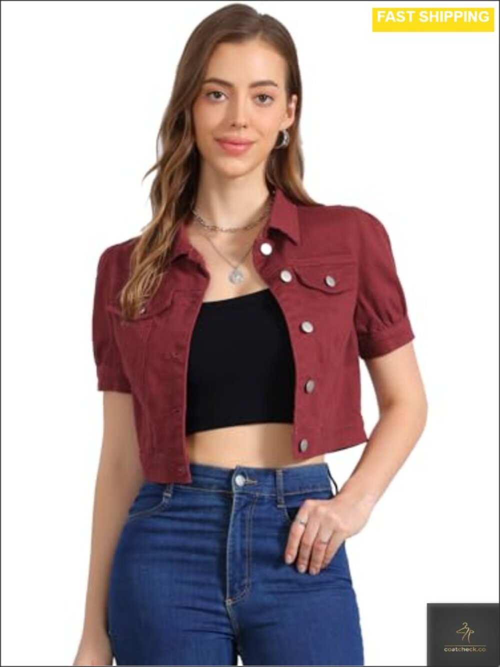 Puff Sleeve Cropped Denim Jacket Button Down Casual Jean Jacket
